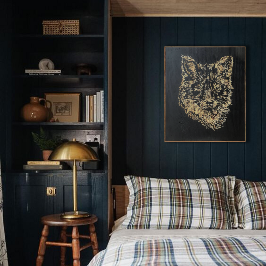 Fox head portrait carved in wood on a black solid background framed in reclaimed rustic wood