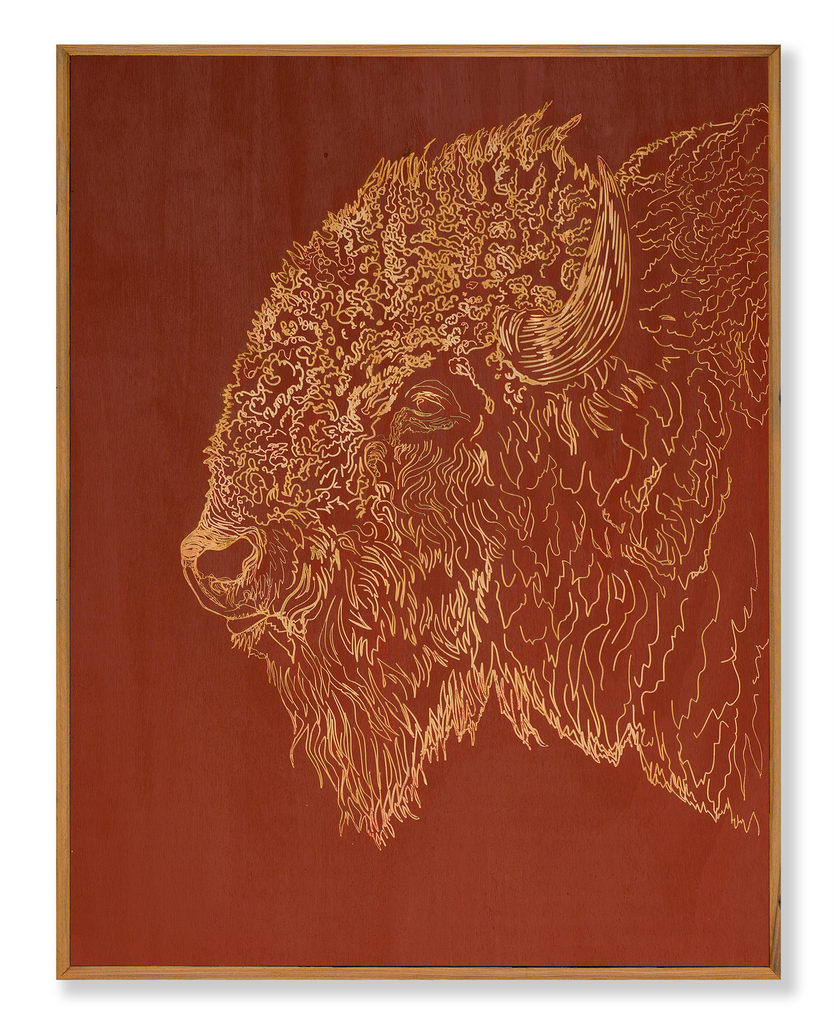 Carved Bison with Horns Framed Wall Art