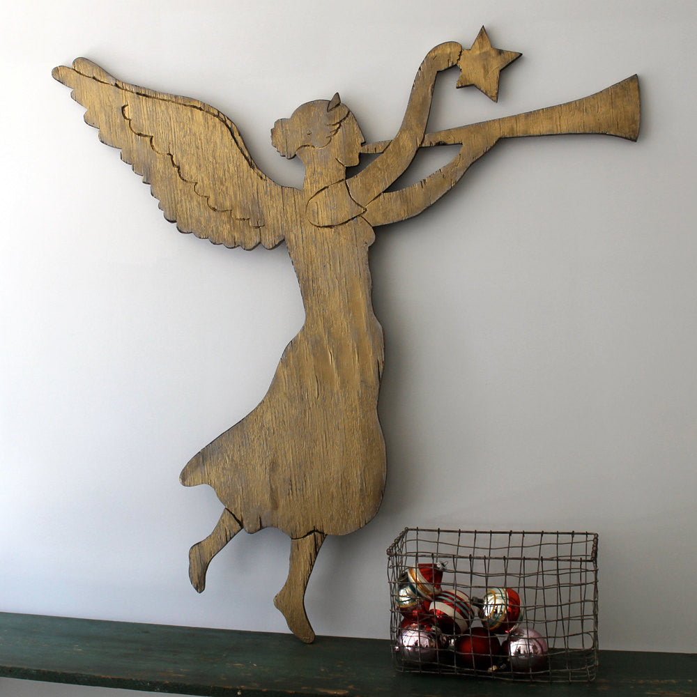 Christmas Decor | Golden Angel Wooden Wall Art - Haven America