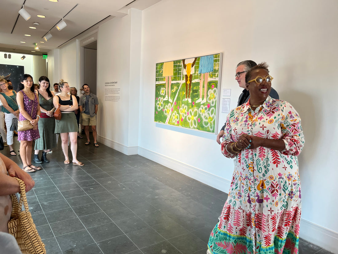 Valarie Cassel Oliver opening remarks at Ogden Museum Lousiana Contemporary Tour in front of TENNIS COURT by artist Susan Havens-Morris