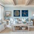 2 framed wall art carvings, the left artwork is a sand dollar on a deep blue background, the right artwork is a starfish on a deep blue background