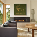 Living room with gray accent chairs, wooden coffee table, and wall art of a carved elk 