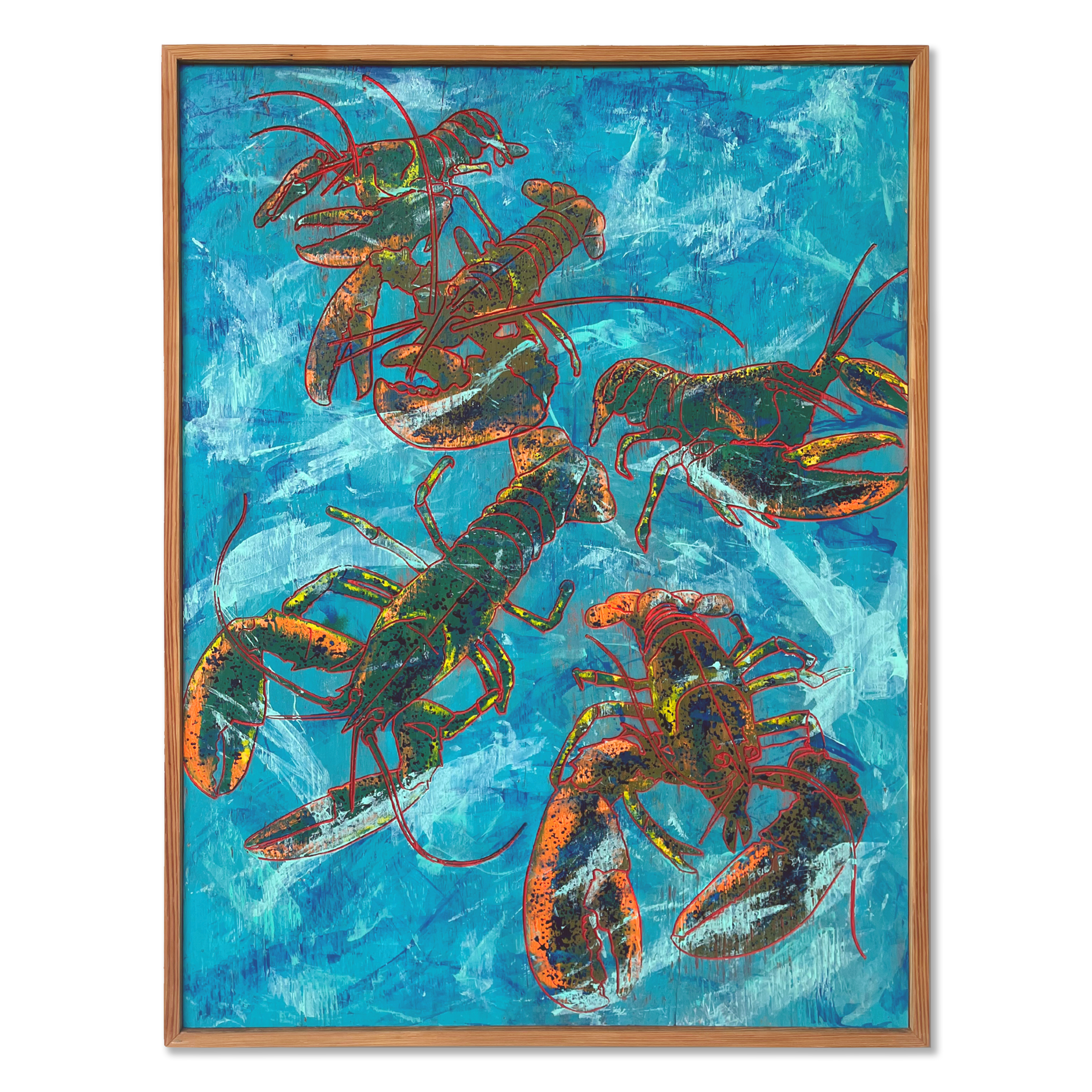 Contemporary painting of Lobsters under water. Framed in reclaimed wood. By Haven America