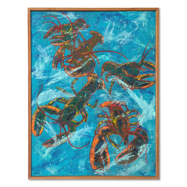 Contemporary painting of Lobsters under water. Framed in reclaimed wood. By Haven America