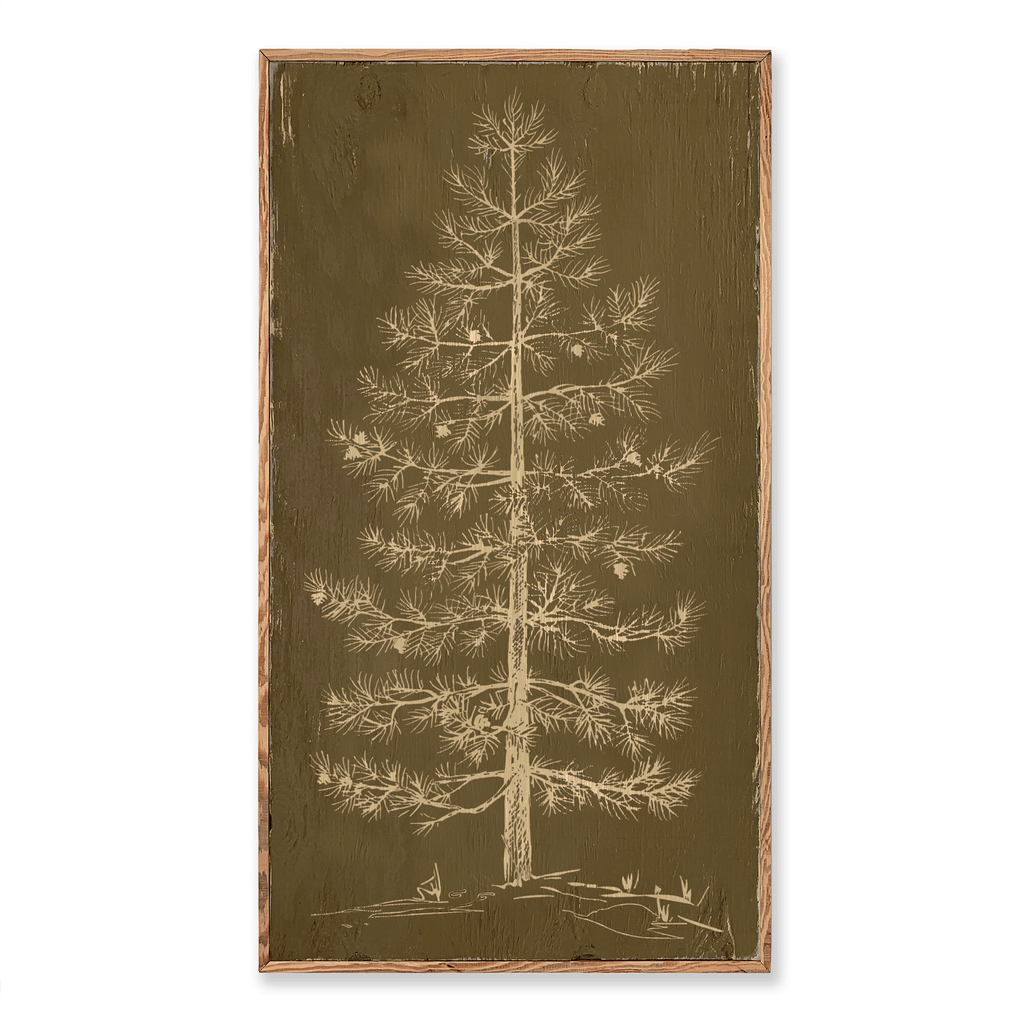 Carved Pine Tree Wall Art in distressed Coach House Green finish by Haven America. Handcrafted wooden artwork featuring a detailed pine tree design framed in reclaimed 100-year-old wood.