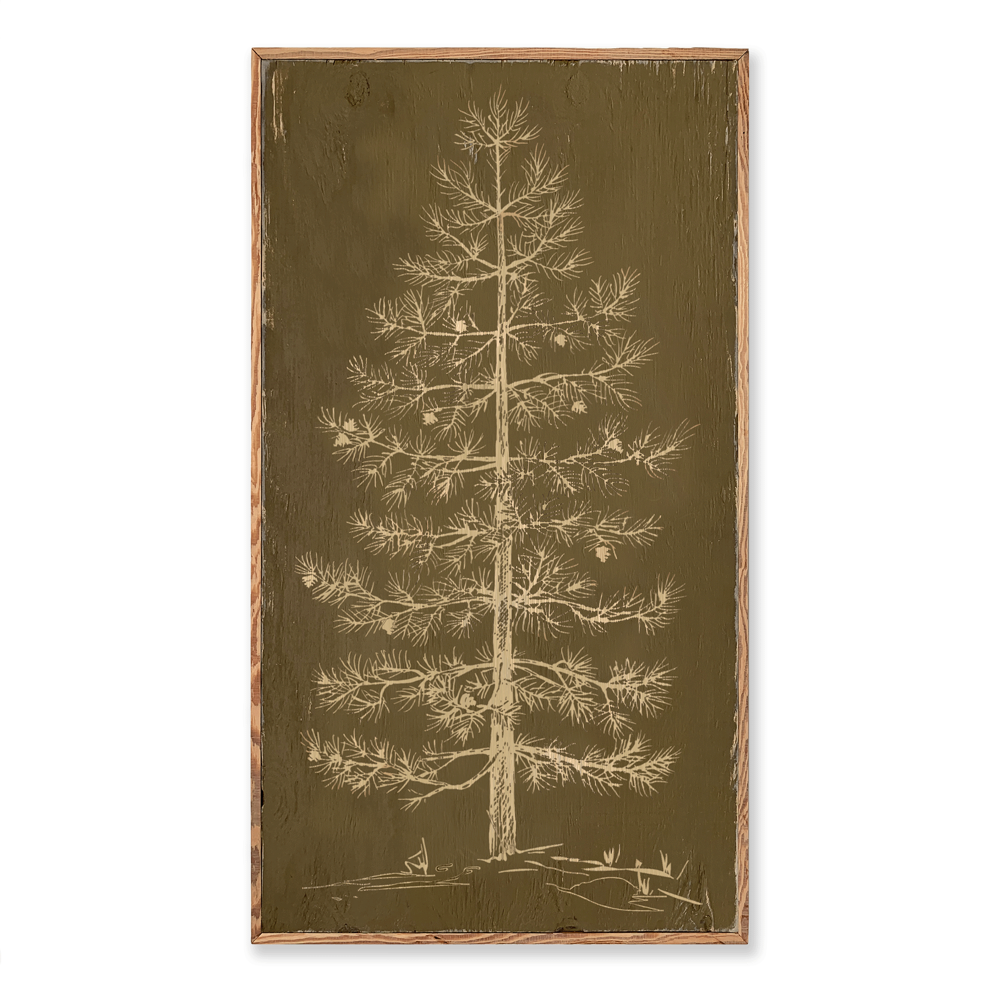Carved Pine Tree Wall Art in distressed Coach House Green finish by Haven America. Handcrafted wooden artwork featuring a detailed pine tree design framed in reclaimed 100-year-old wood.