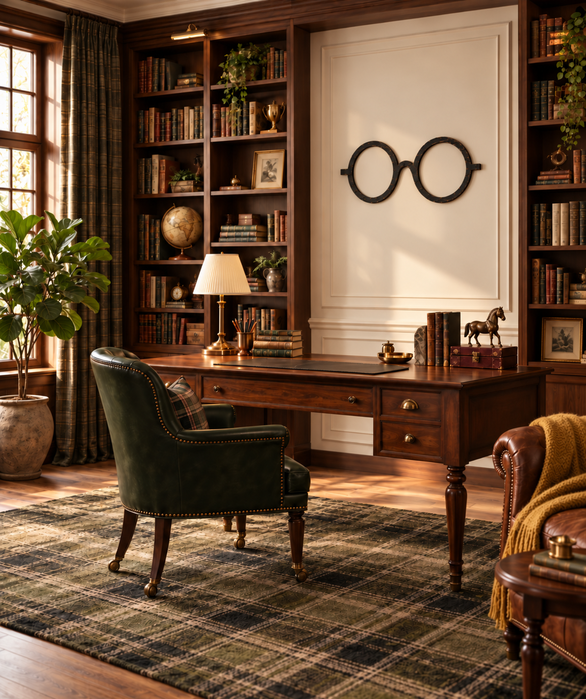 A cozy, classic home office scene featuring a dark wood writing desk and matching chair on a patterned plaid rug, set against a backdrop of tall bookshelves and a white paneled wall with a black glasses wall decor.