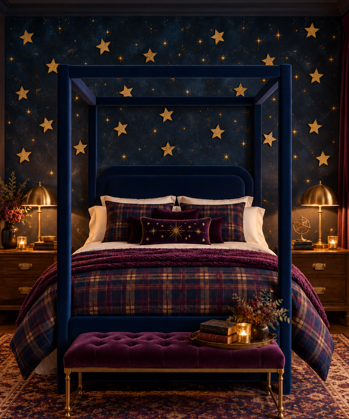 A styled bedroom featuring a dark navy blue canopy bed with a matching headboard, dressed in deep purple plaid bedding and a purple throw blanket. The background wall is decorated with matching dark blue wallpaper and gold stars.
