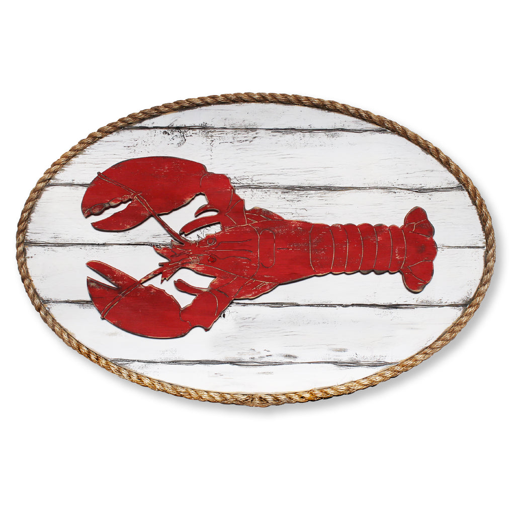 Dockside Lobster Plaque in Barnwood Red finish. Handcrafted oval wood wall art with rustic lobster design and natural sisal rope border by Haven America.