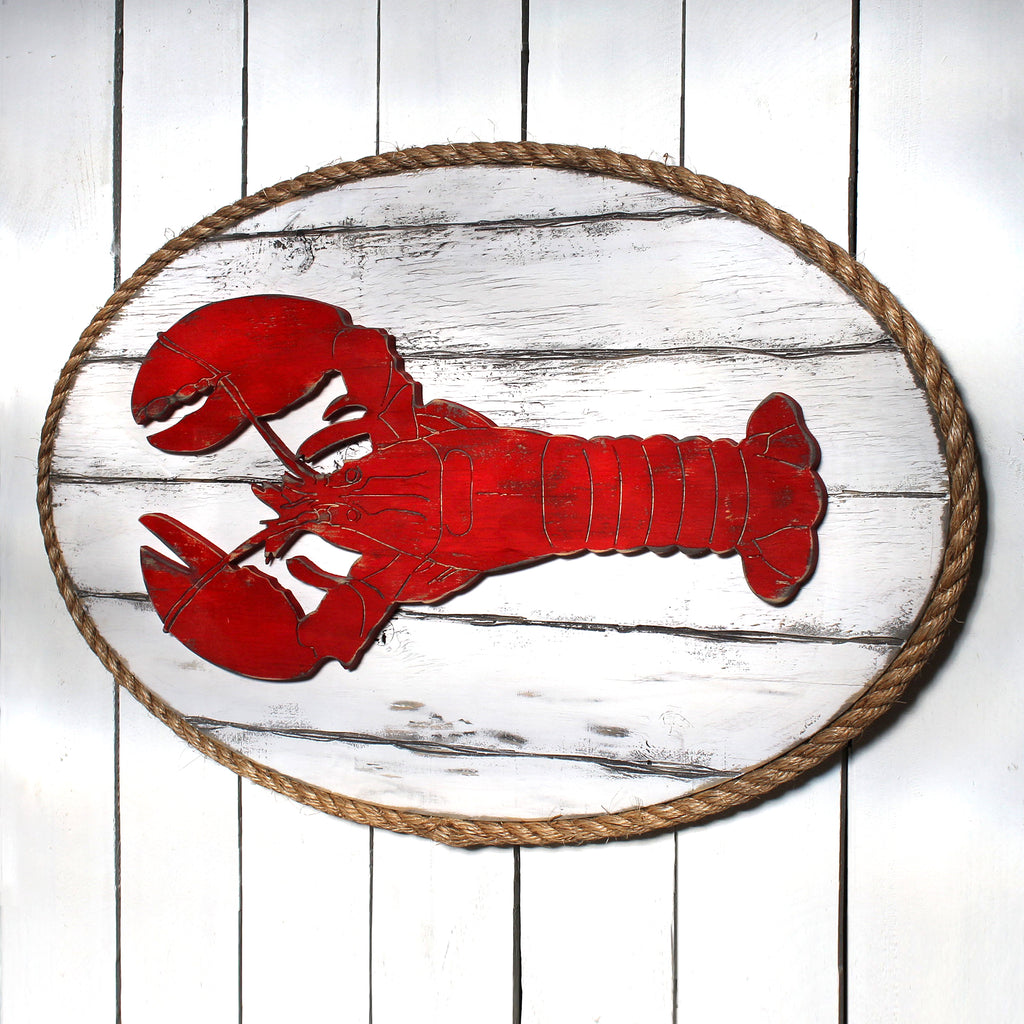 Dockside Lobster Plaque by Haven America featuring hand-carved red lobster on white barnboard oval plaque framed with nautical rope