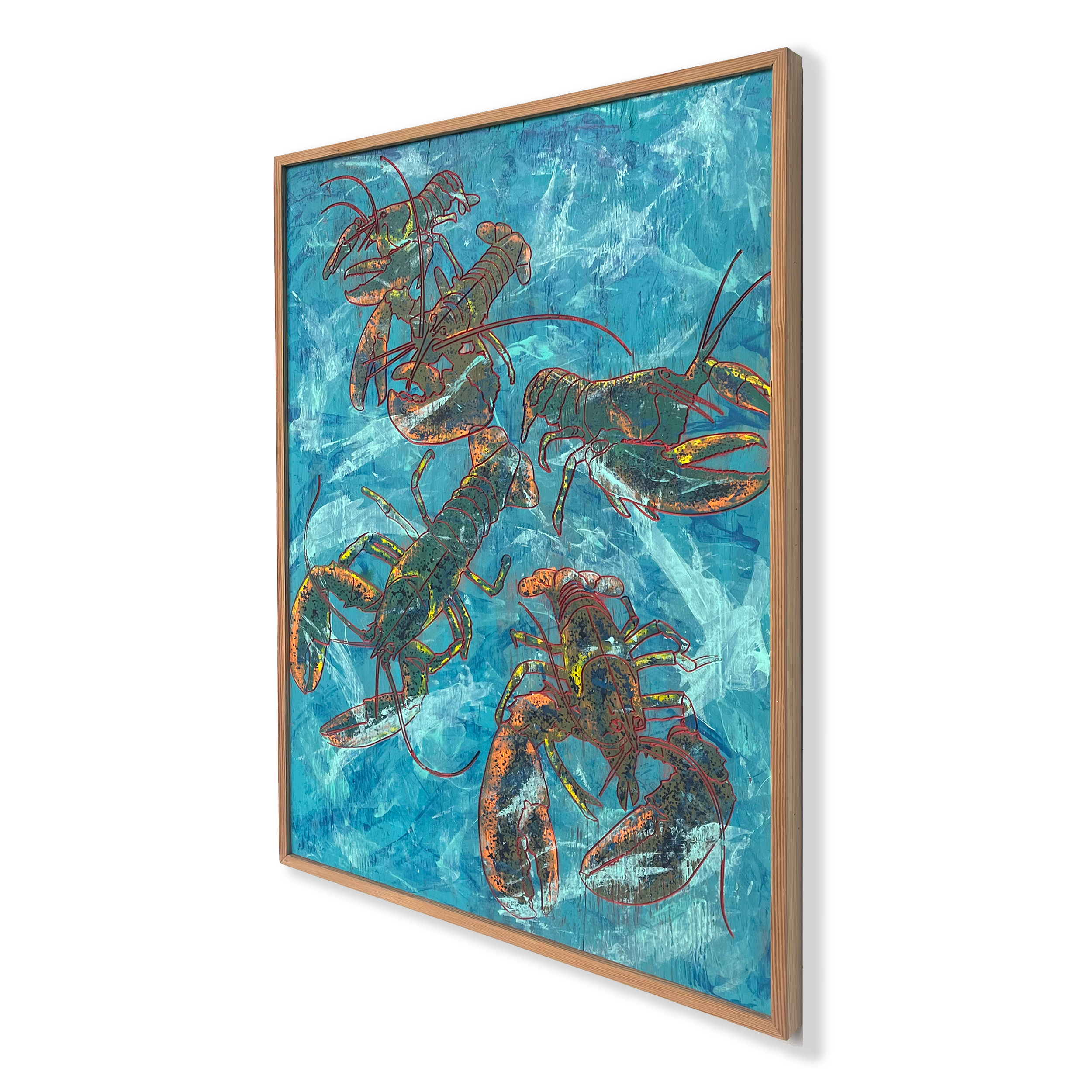 Painitng of lobsters  under the water, tones of blue, on wood framing in natural wood