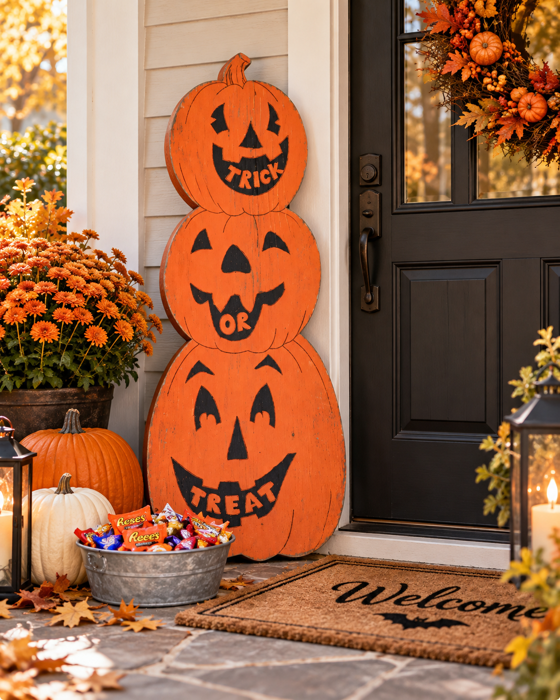 A outdoor three-tiered orange wooden jack-o'-lantern stack with carved faces and the words 'TRICK OR TREAT' on the front, displayed on a front porch next to a black door, a 'Welcome' doormat, a metal bucket of candy, and fall flowers.