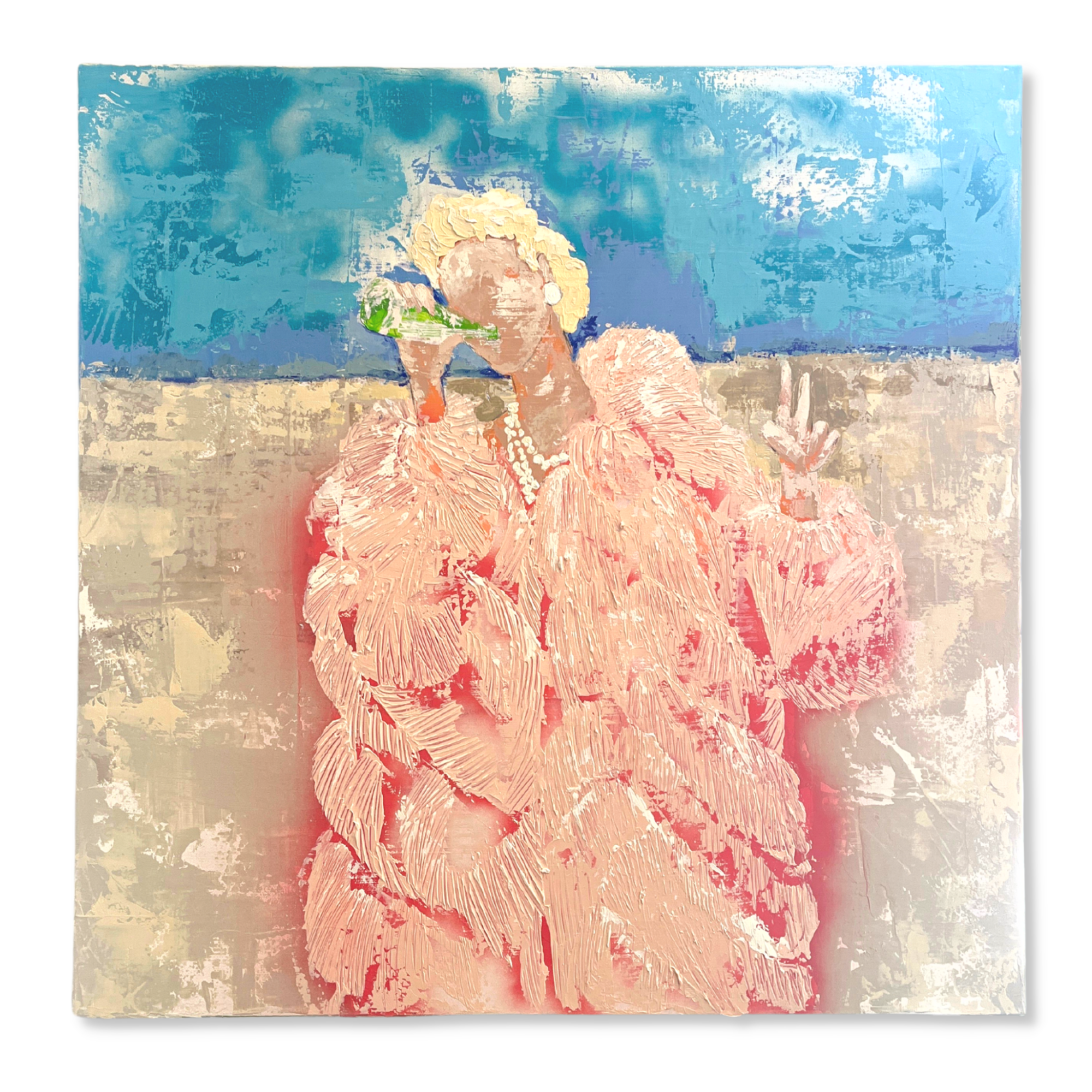 Original Painting of a gal standing on the beach drinking a bottled soda and showing a peace sign with her hand