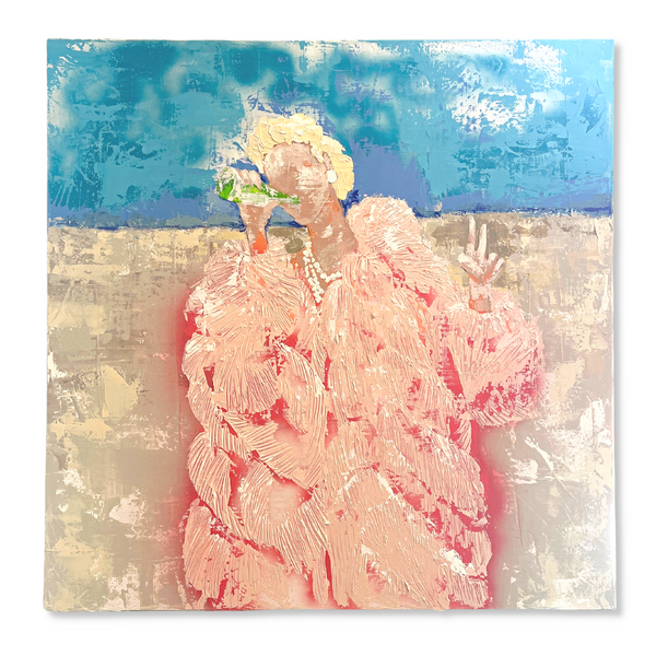 Original Painting of a gal standing on the beach drinking a bottled soda and showing a peace sign with her hand