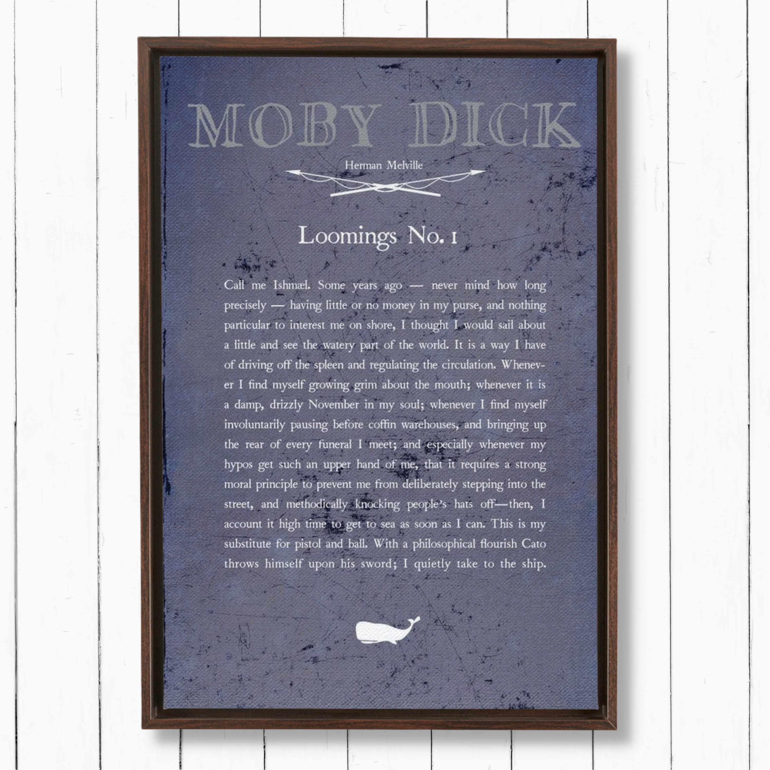 Blue Background and Walnut Frame on Paneling Wall