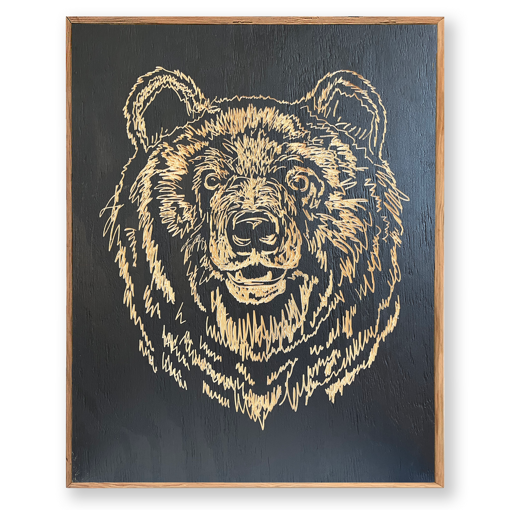 Carved Wood Grizzly Bear Face Portrait, shown with Black background