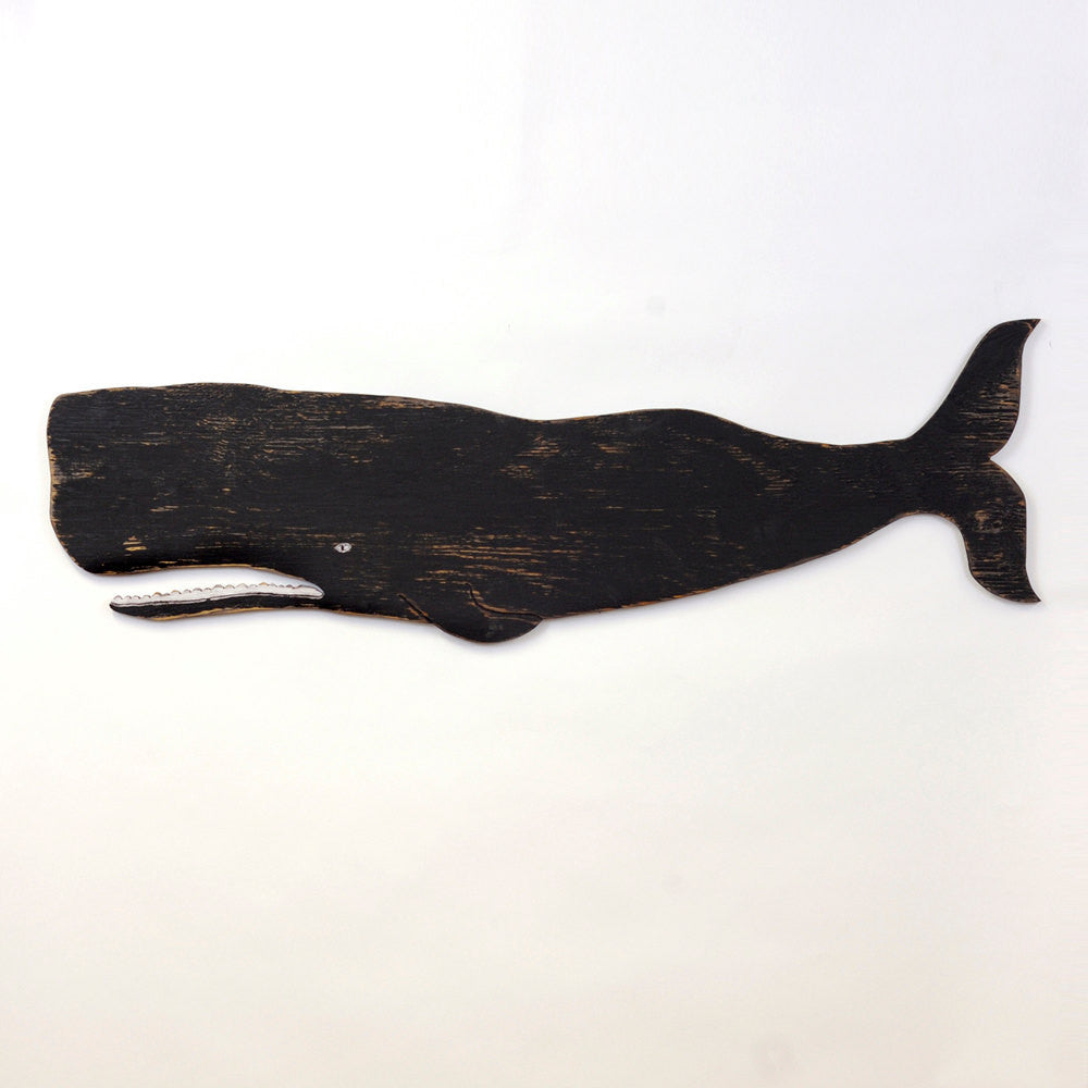 Handcrafted folk whale art nautical wooden wall hanging in cast iron black finish for beach or coastal home decor. By Haven America