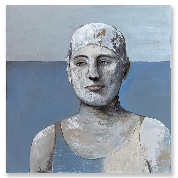 Original Painting of a swimmer, woman, beach and ocean