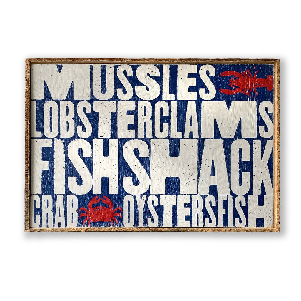 Printed on wood Lobster, Crab sign, all words in white. Comes framed Haven America