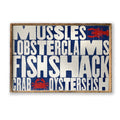 Printed on wood Lobster, Crab sign, all words in white. Comes framed Haven America