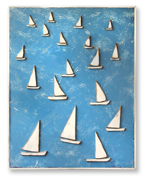 Painting with small white sailboat on a blue background. Sailing School Framed - Haven America
