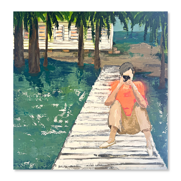 Painting of man sitting on a dock taking a picture
