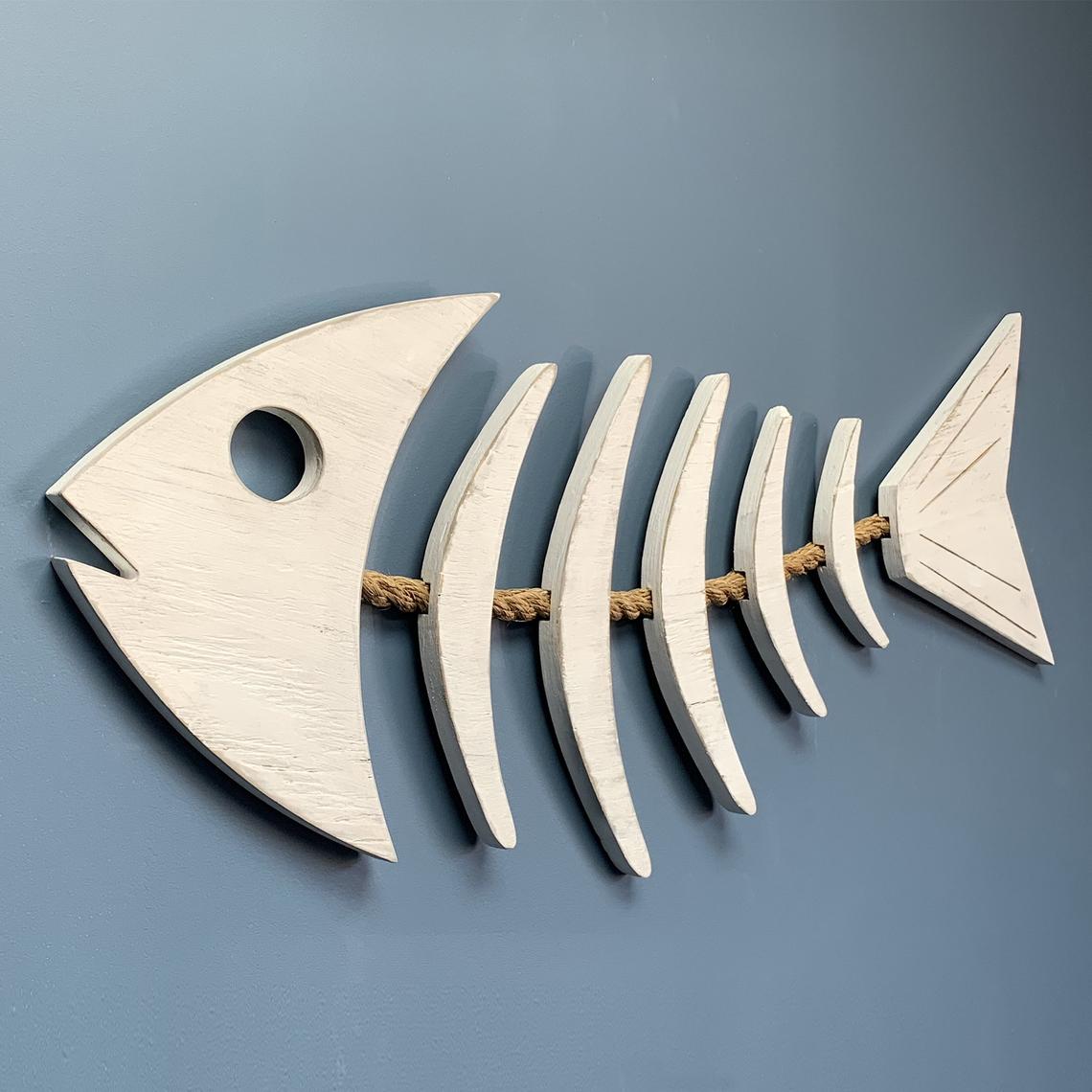 41" wooden rope fish wall art in white